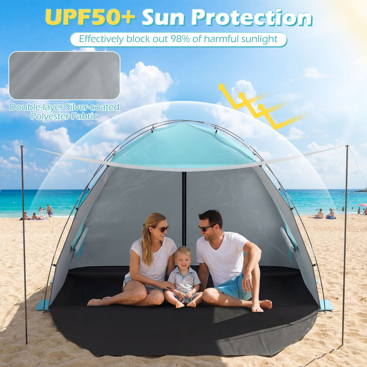 Beach Tent Sun Shelter with Canopy with Extended Floor and Vent Windows-Blue view 5
