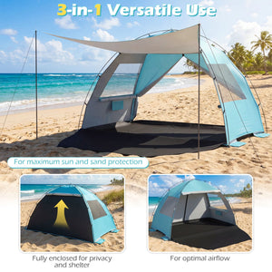 Beach Tent Sun Shelter with Canopy with Extended Floor and Vent Windows-Blue view 6