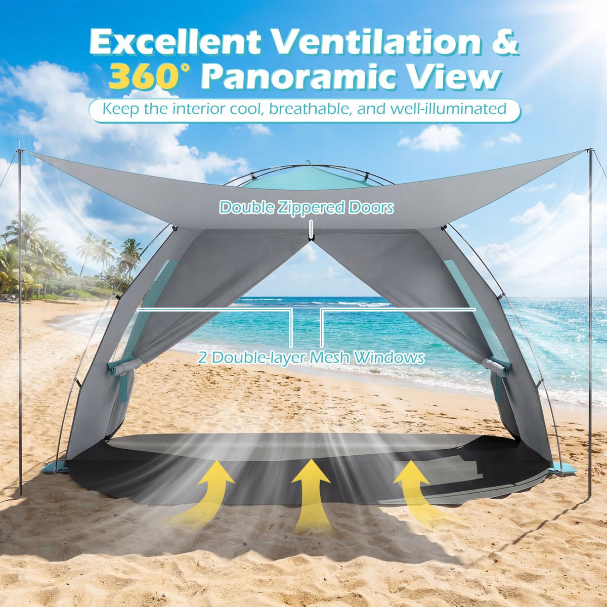 Beach Tent Sun Shelter with Canopy with Extended Floor and Vent Windows-Blue view 7
