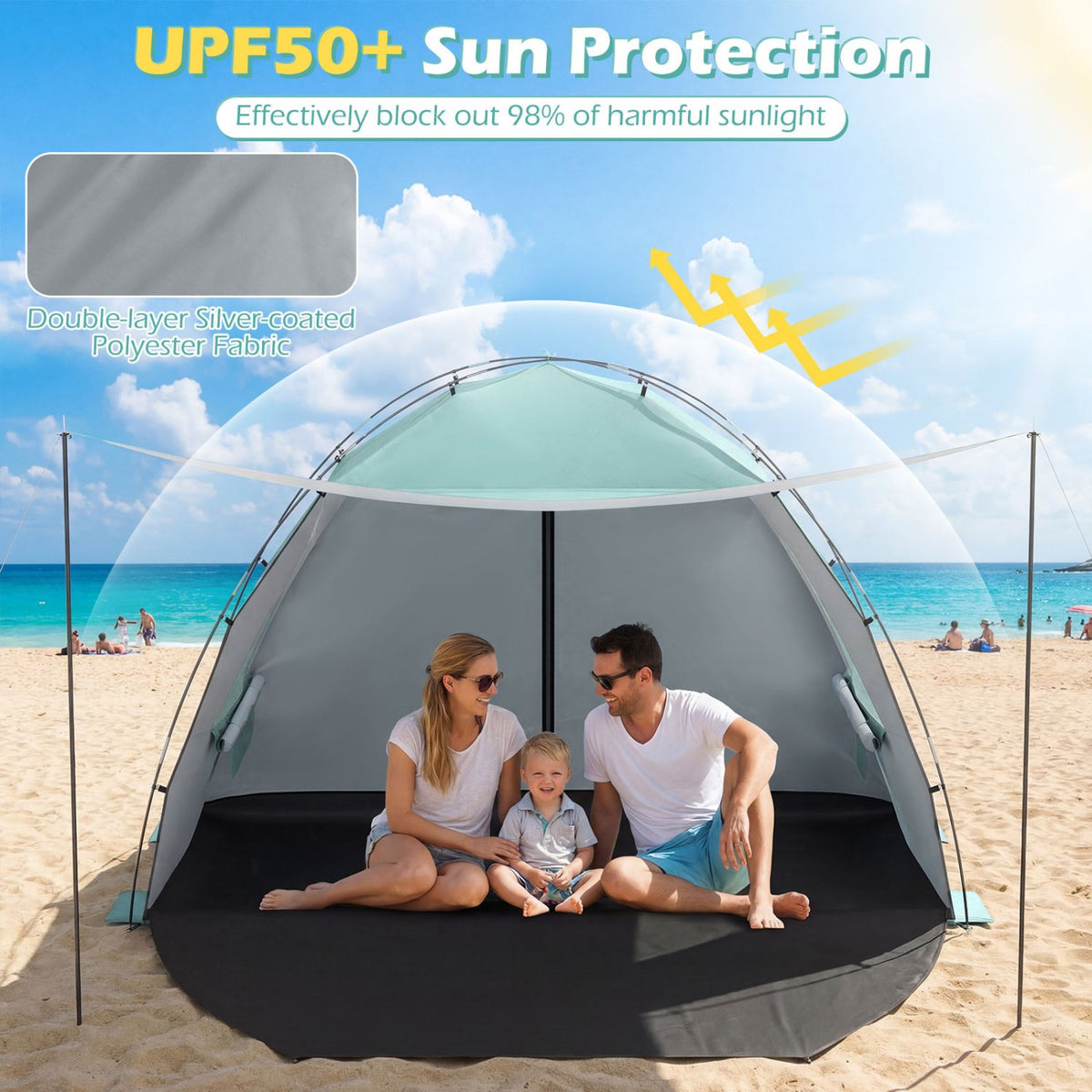 Beach Tent Sun Shelter with Canopy with Extended Floor and Vent Windows-Green view 5