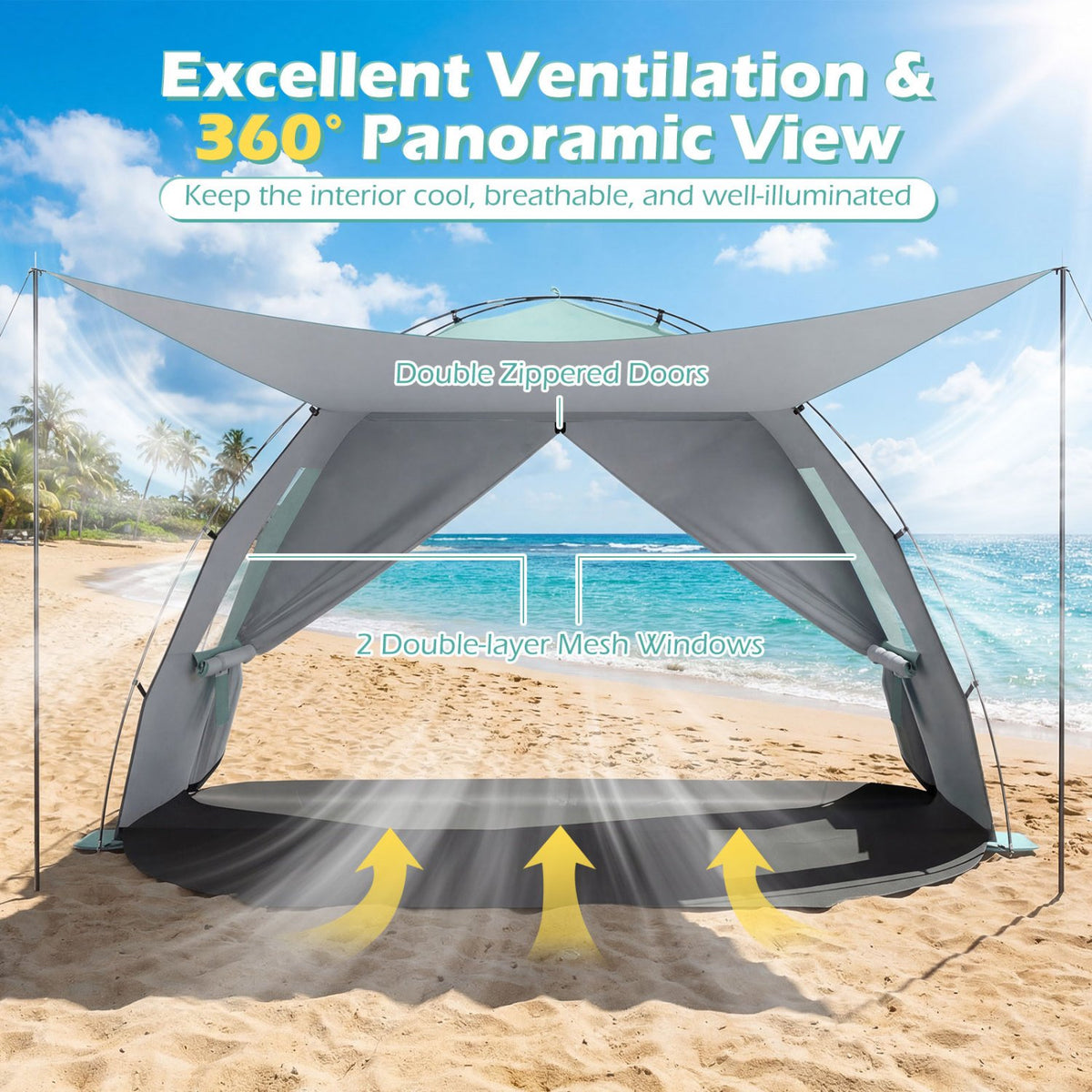 Beach Tent Sun Shelter with Canopy with Extended Floor and Vent Windows-Green view 7
