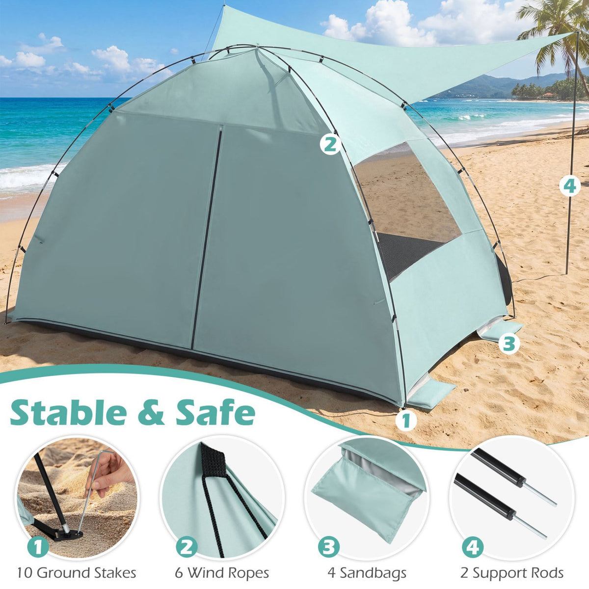 Beach Tent Sun Shelter with Canopy with Extended Floor and Vent Windows-Green view 9
