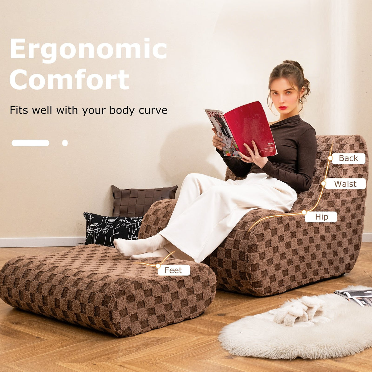 Bean Bag Chair with Ottoman and High Elasticity Sponge-Brown view 5