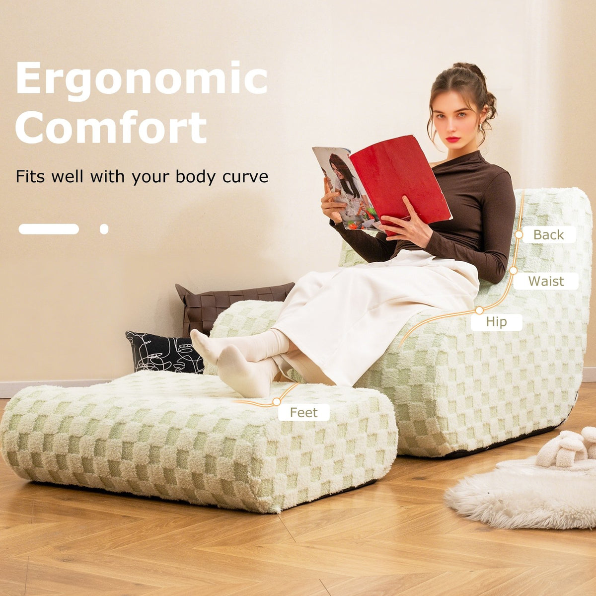 Bean Bag Chair with Ottoman and High Elasticity Sponge-Green view 5