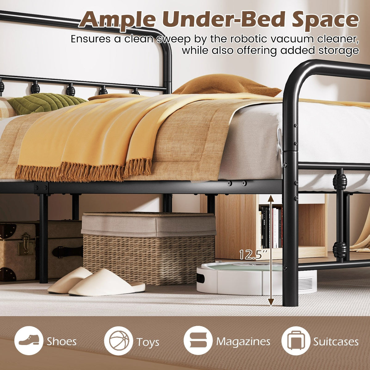 Bed Frame with Headboard and Under Bed Storage Black-Queen Size view 5