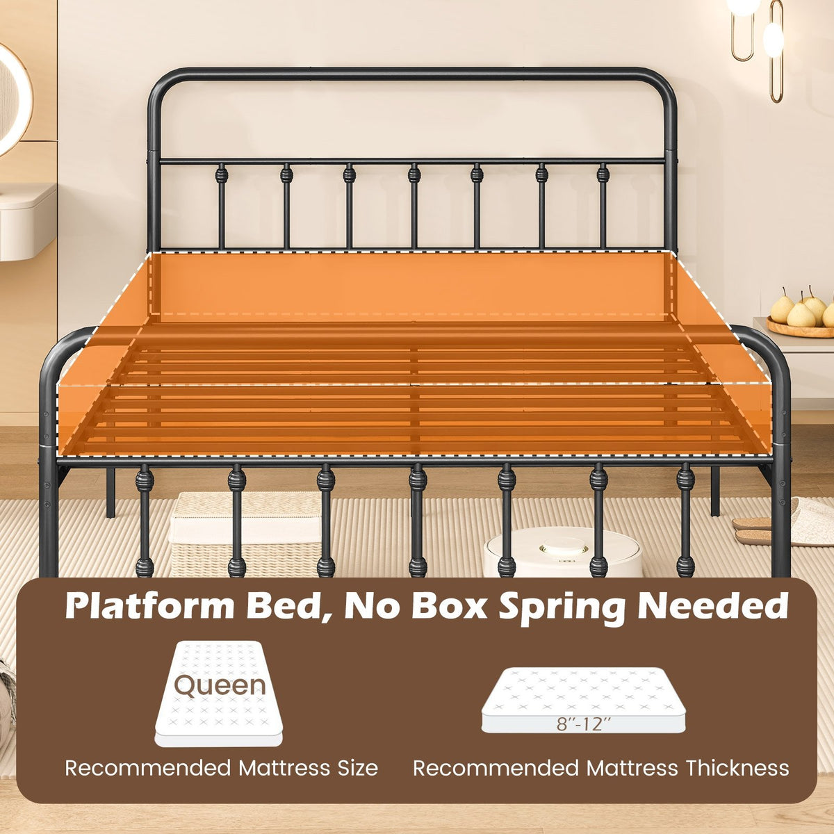 Bed Frame with Headboard and Under Bed Storage Black-Queen Size view 6