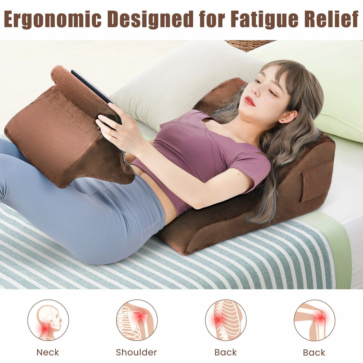 Bed Wedge Pillow with Tablet Pillow Stand and Side Pockets-Brown view 5