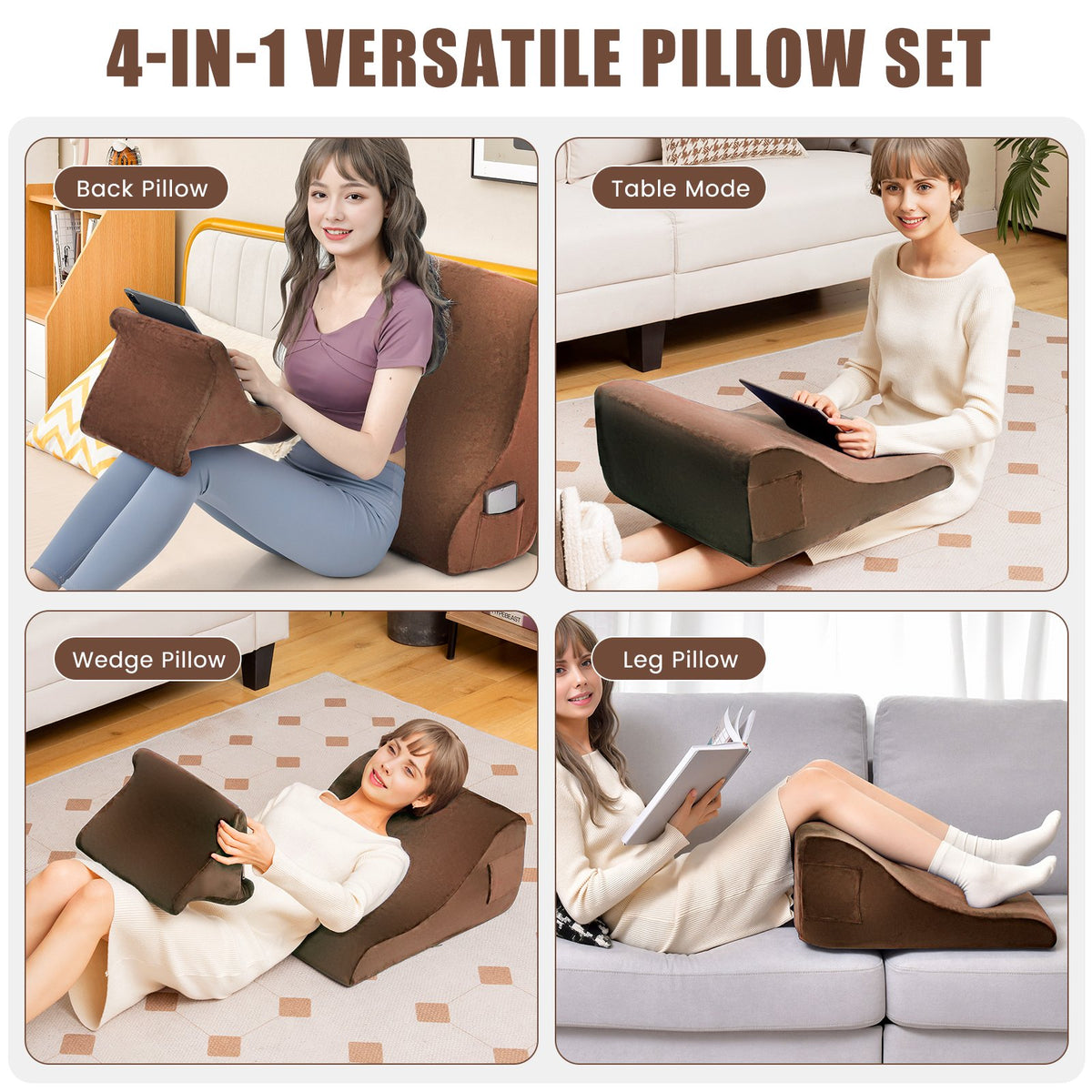 Bed Wedge Pillow with Tablet Pillow Stand and Side Pockets-Brown view 6