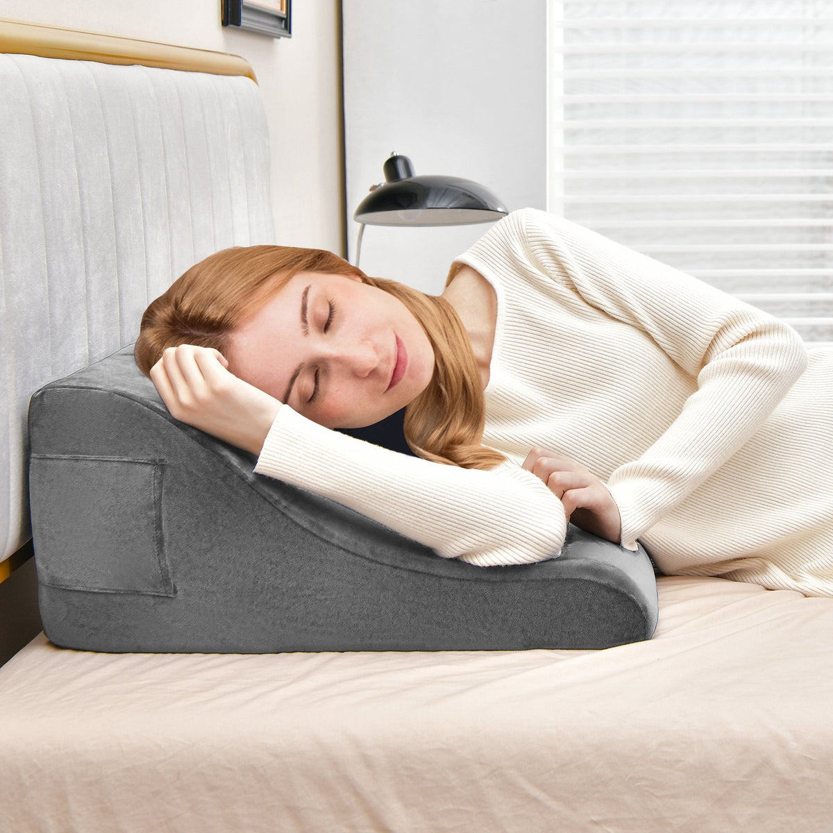 Bed Wedge Pillow with Tablet Pillow Stand and Side Pockets-Gray view 2