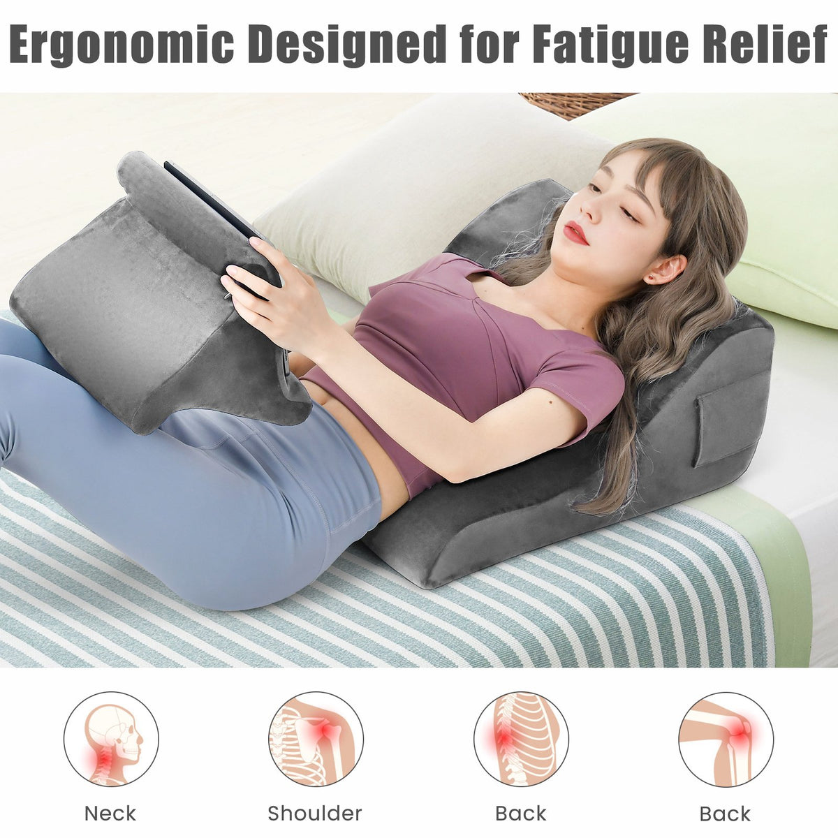Bed Wedge Pillow with Tablet Pillow Stand and Side Pockets-Gray view 5