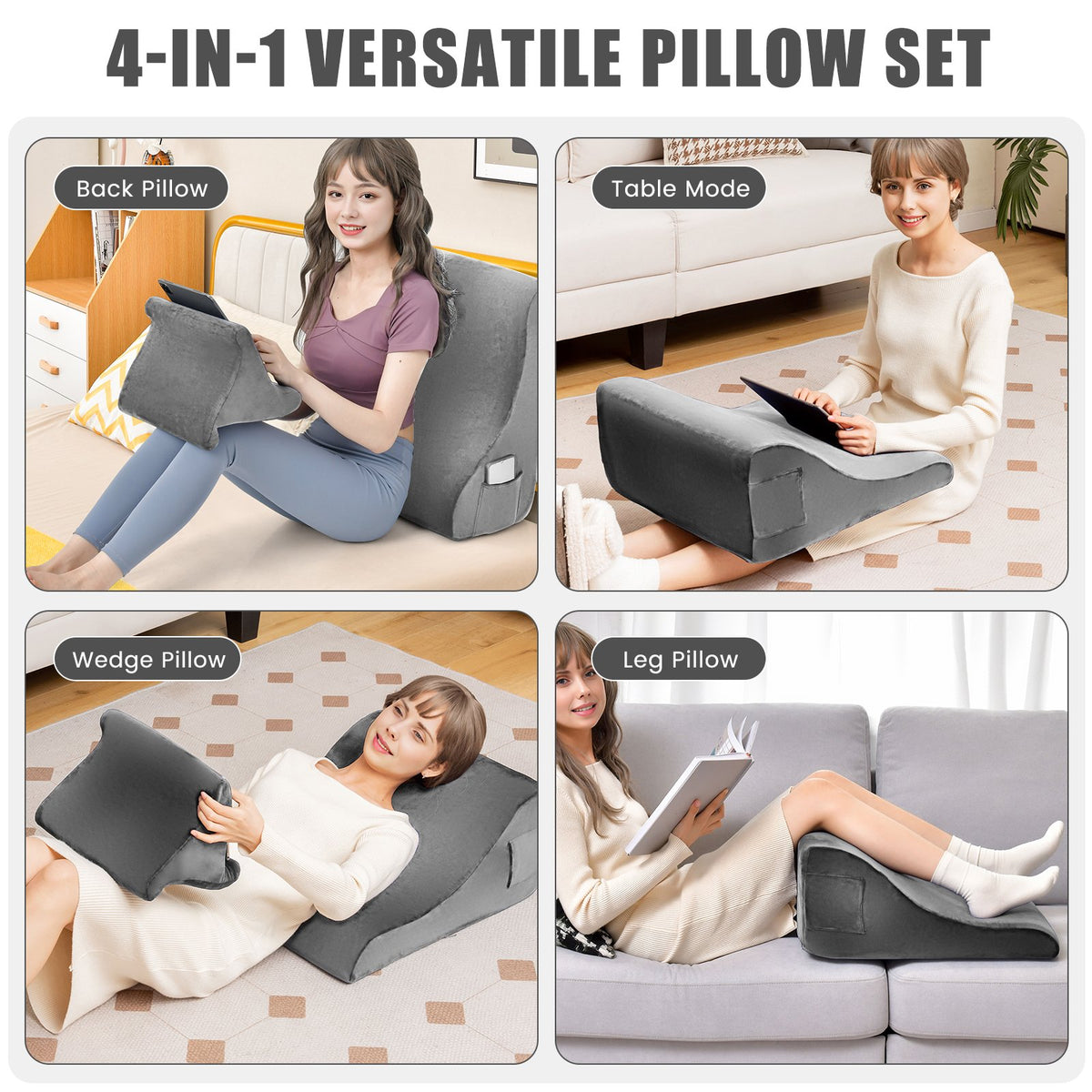 Bed Wedge Pillow with Tablet Pillow Stand and Side Pockets-Gray view 6