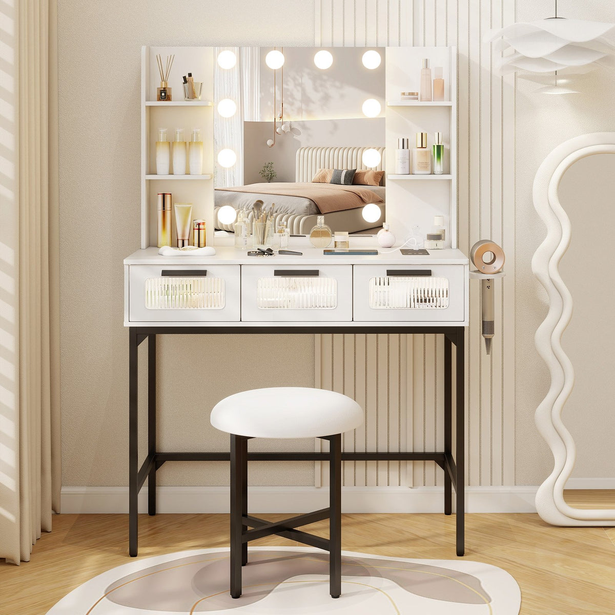 Bedroom Makeup Vanity Desk with Hollywood Mirror and Lights-White view 5