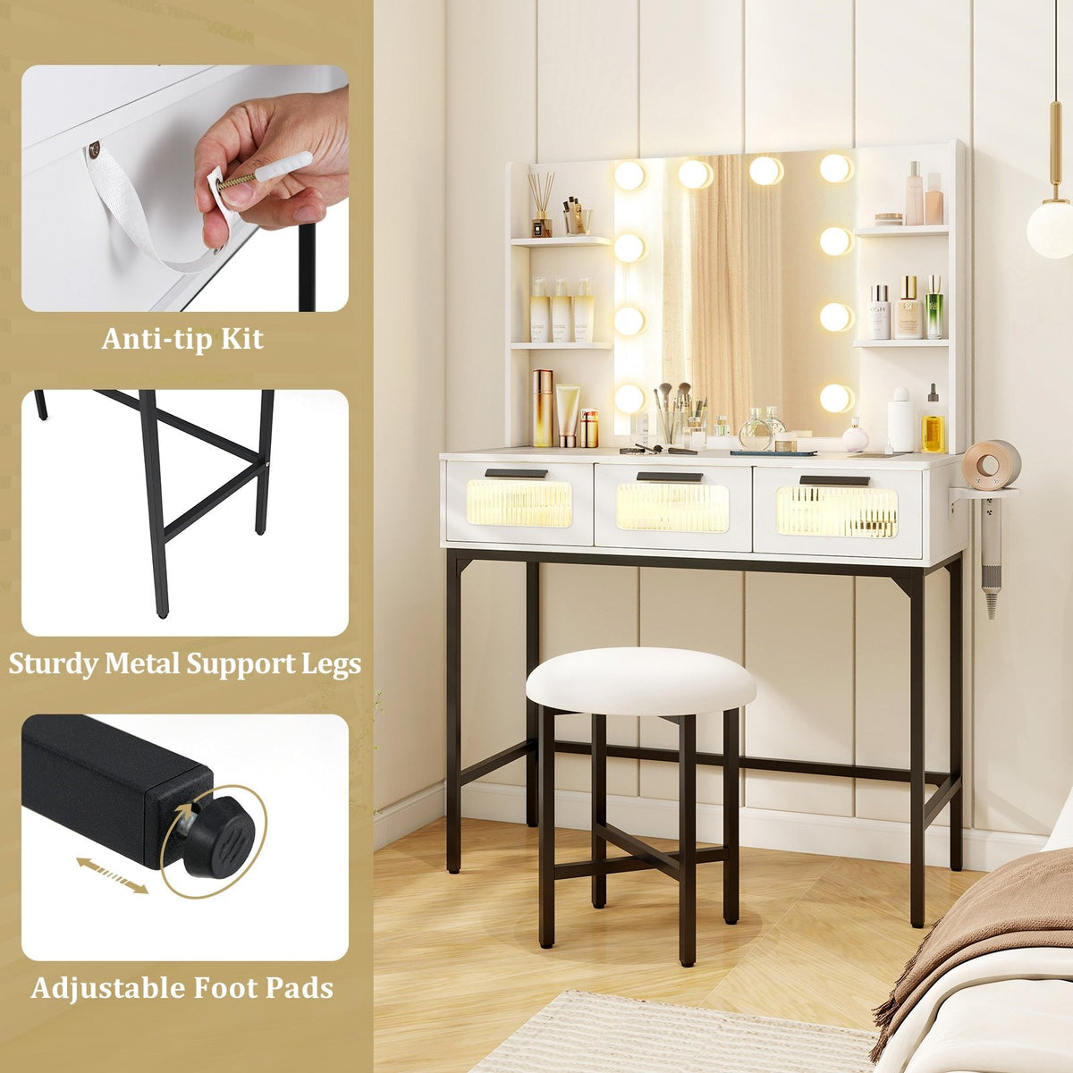 Bedroom Makeup Vanity Desk with Hollywood Mirror and Lights-White view 6