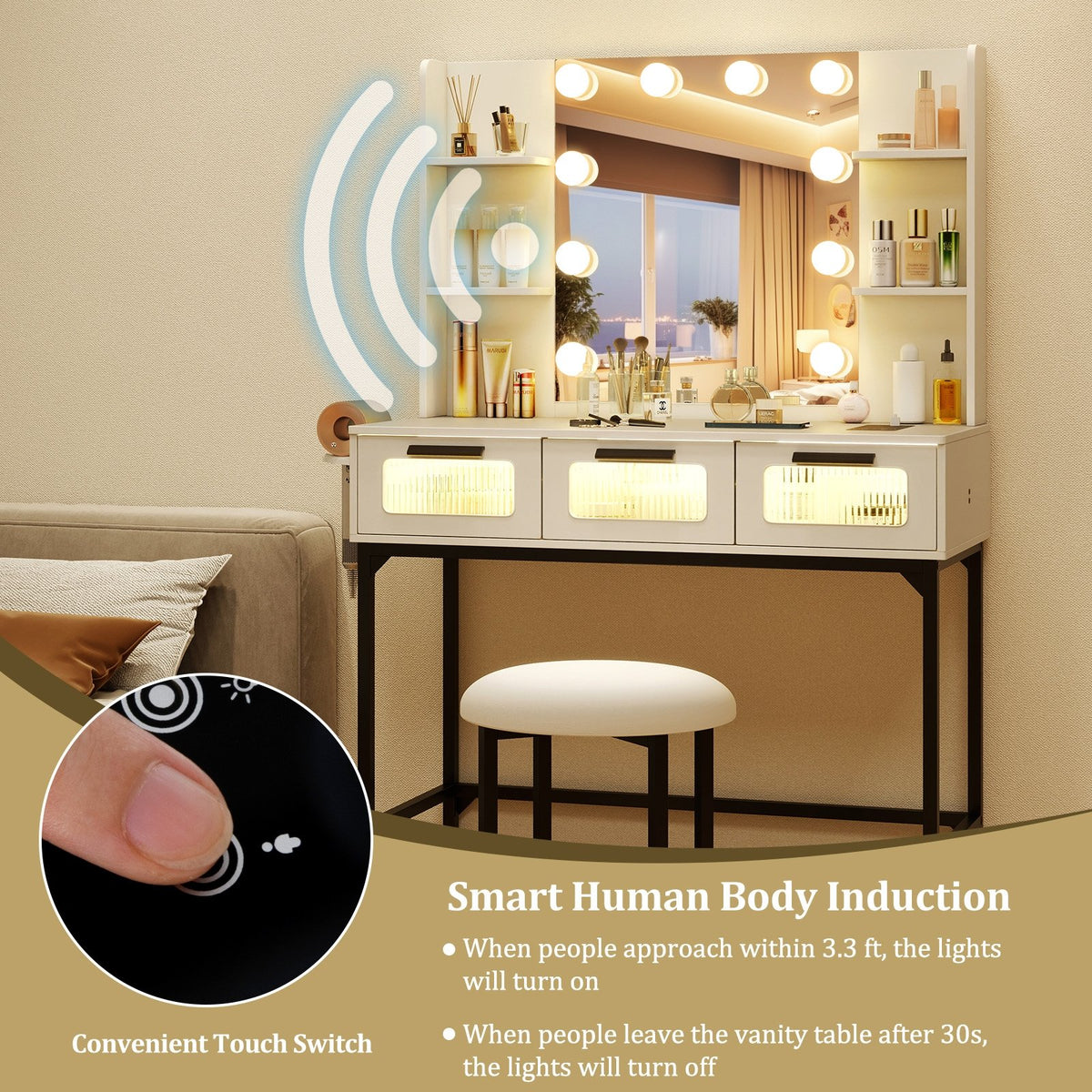 Bedroom Makeup Vanity Desk with Hollywood Mirror and Lights-White view 9
