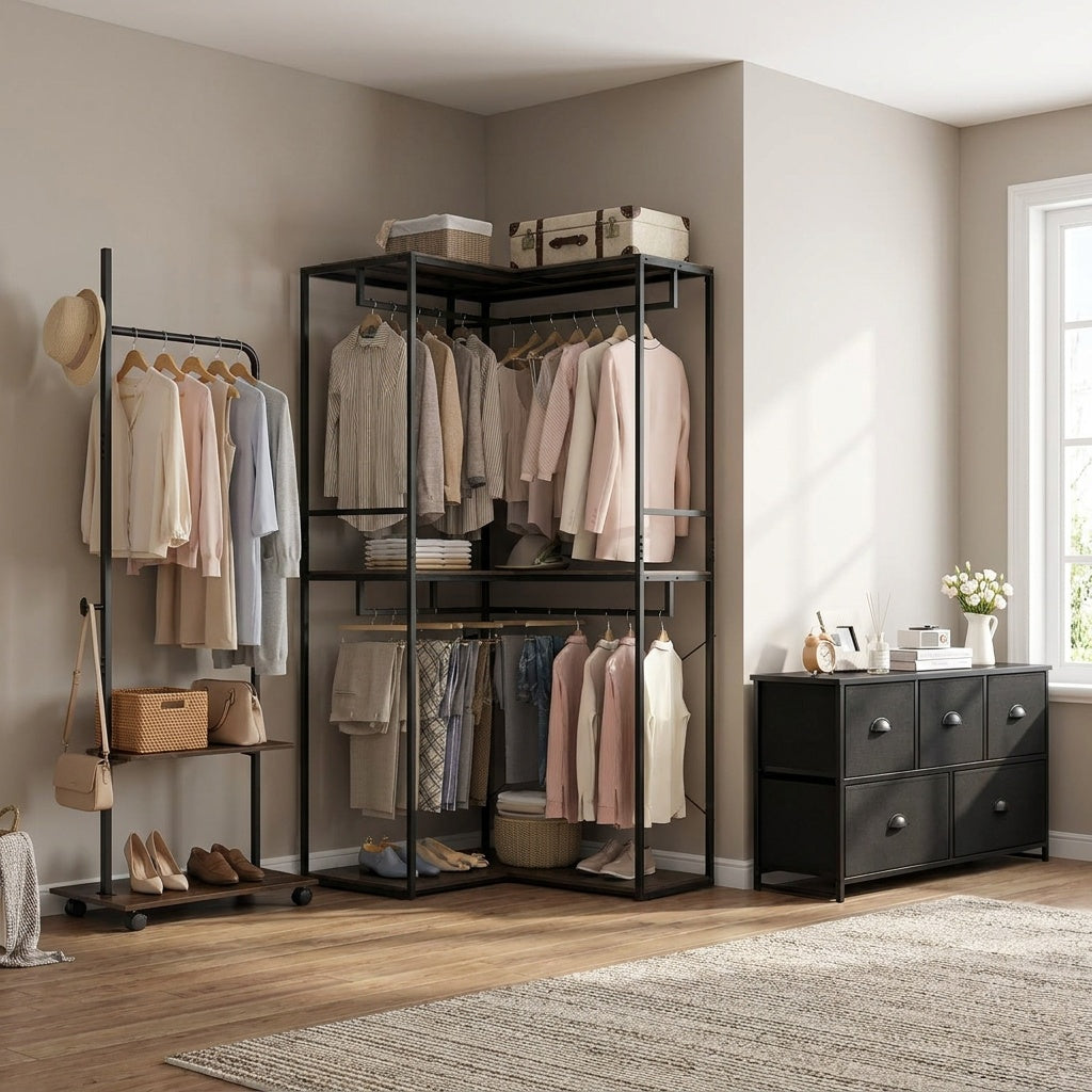 Bedroom Set with 3-Tier Clothes Rack Freestanding Clothing Rack and Dresser Storage Tower view 2