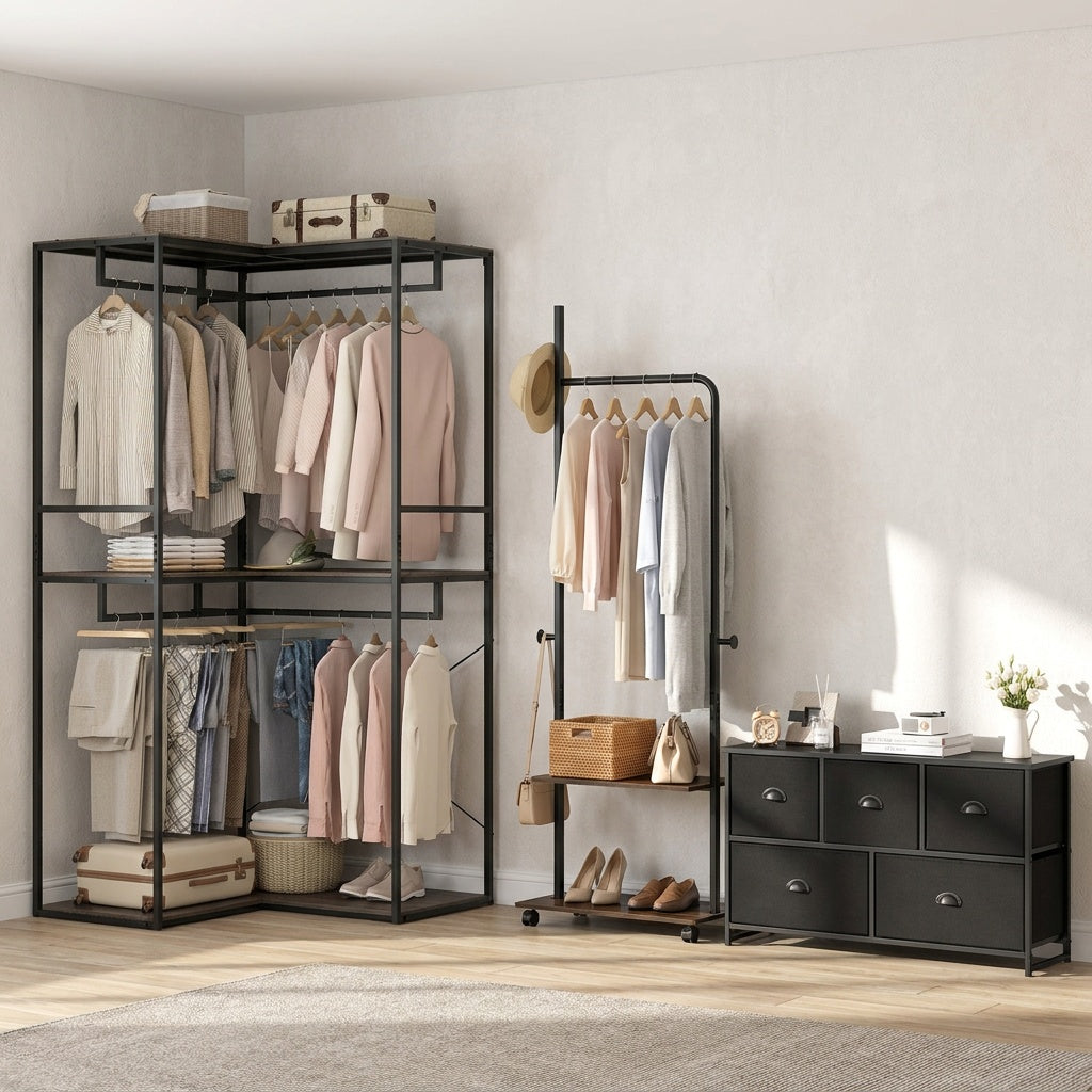 Bedroom Set with 3-Tier Clothes Rack Freestanding Clothing Rack and Dresser Storage Tower view 3