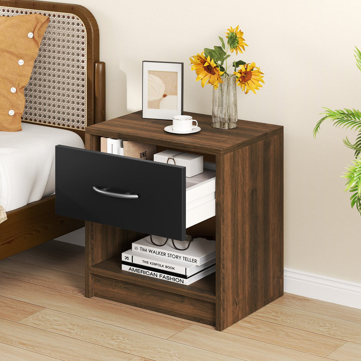 Bedside Table Nightstand with Drawer and Open Storage Shelf-Brown view 3