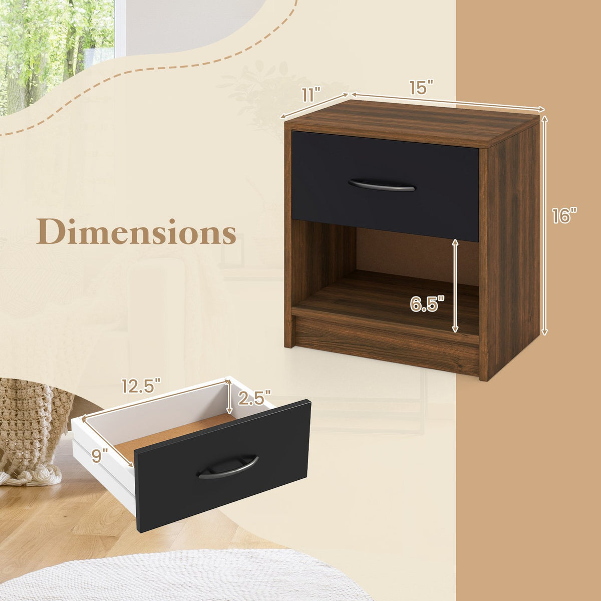 Bedside Table Nightstand with Drawer and Open Storage Shelf-Brown view 5