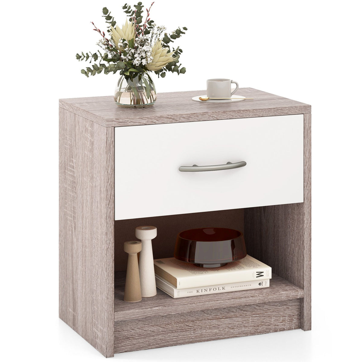 Bedside Table Nightstand with Drawer and Open Storage Shelf-Light Gray view 4