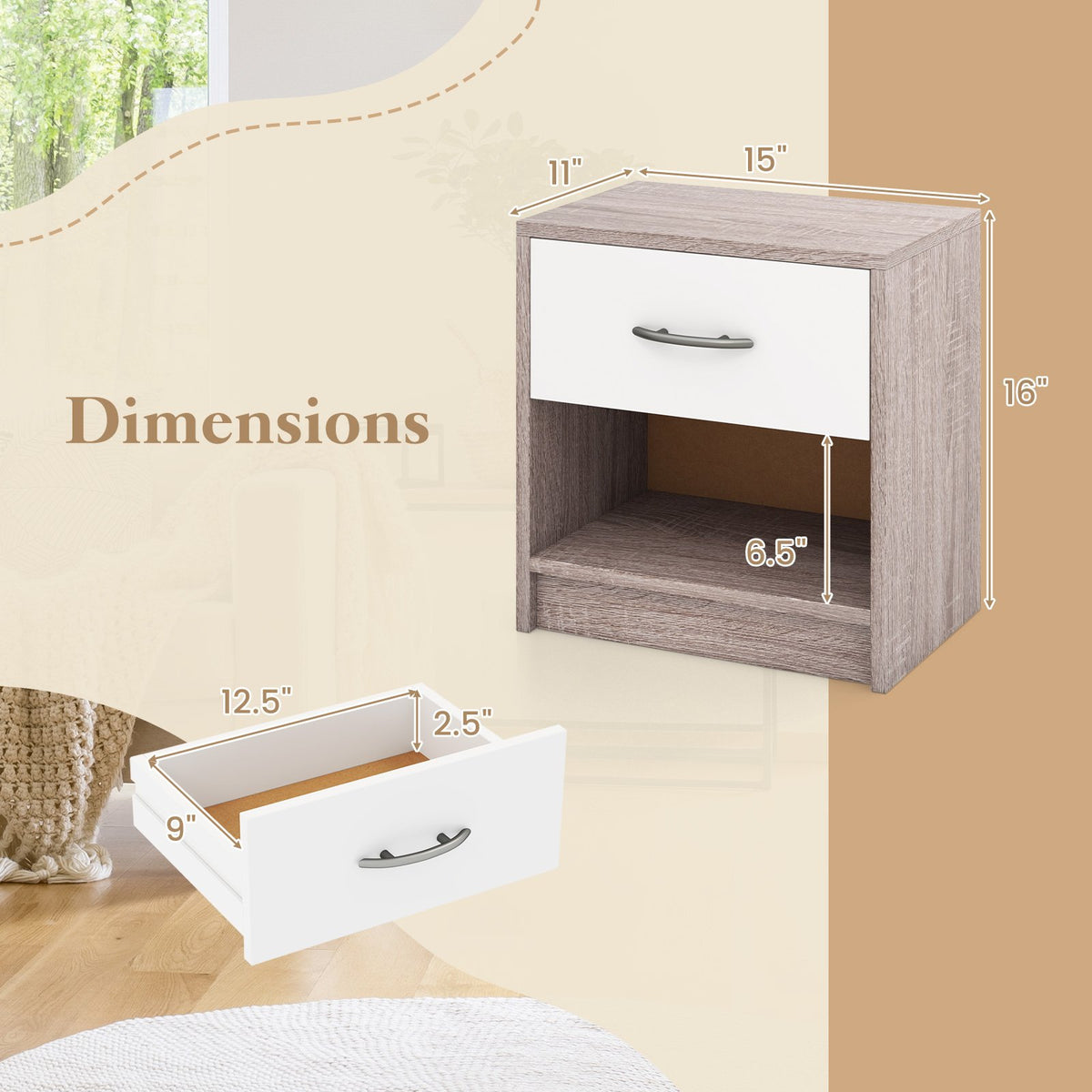 Bedside Table Nightstand with Drawer and Open Storage Shelf-Light Gray view 5