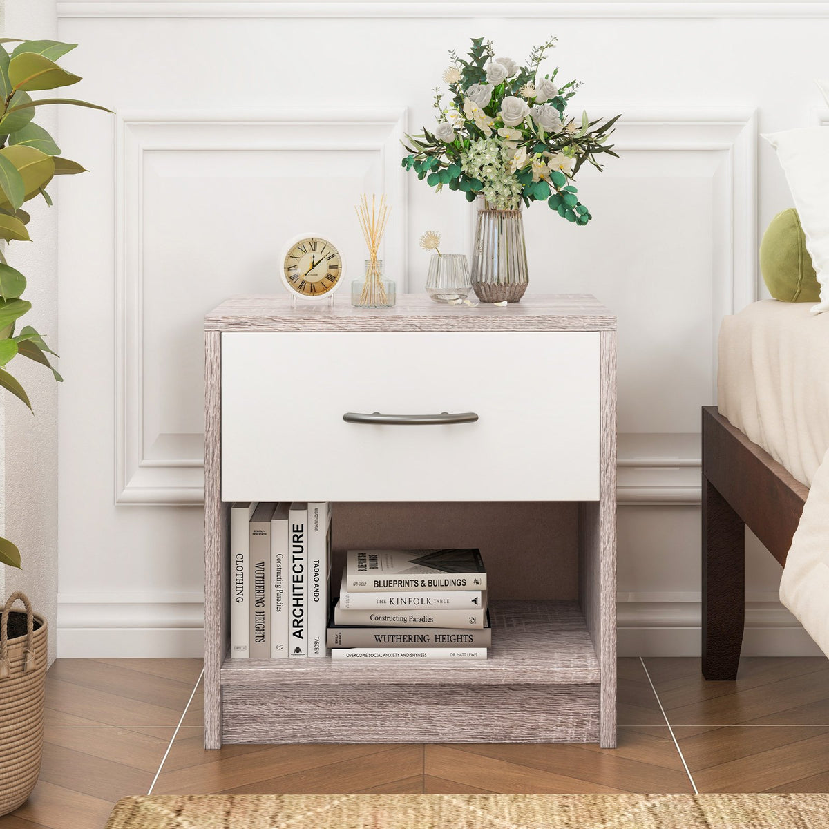 Bedside Table Nightstand with Drawer and Open Storage Shelf-Light Gray view 9