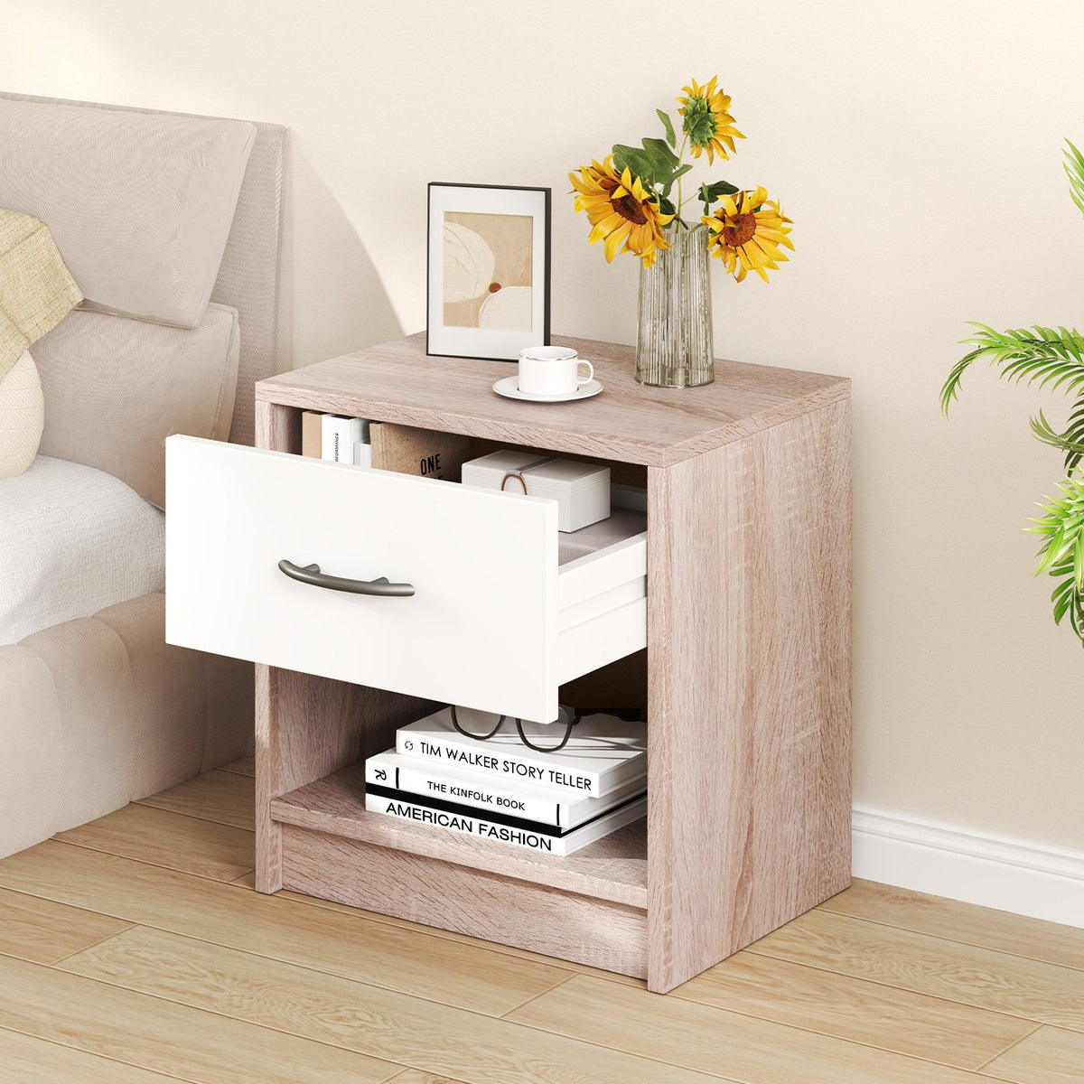 Bedside Table Nightstand with Drawer and Open Storage Shelf-Natural & White view 3
