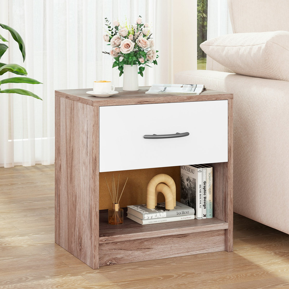 Bedside Table Nightstand with Drawer and Open Storage Shelf-Oak view 2