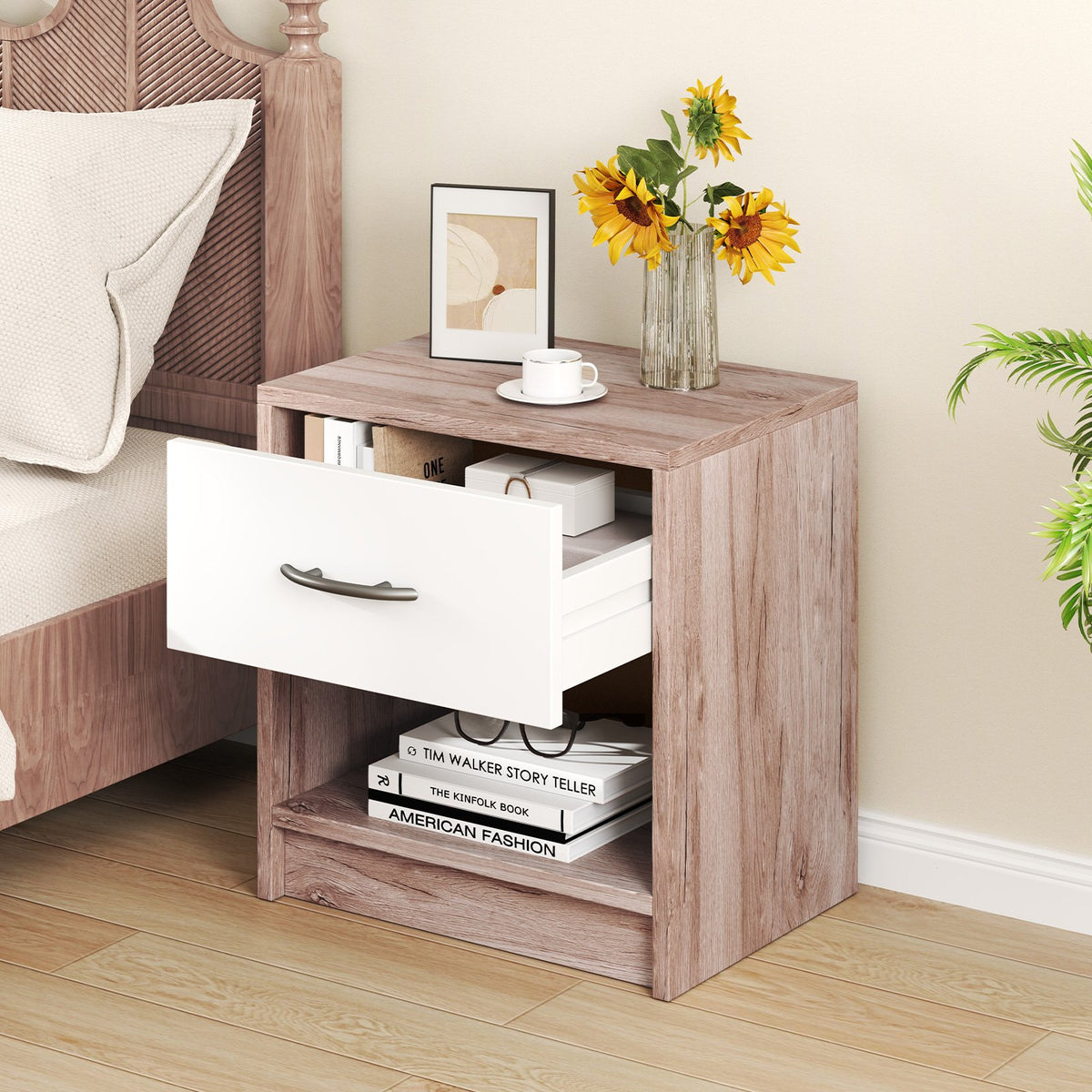 Bedside Table Nightstand with Drawer and Open Storage Shelf-Oak view 3