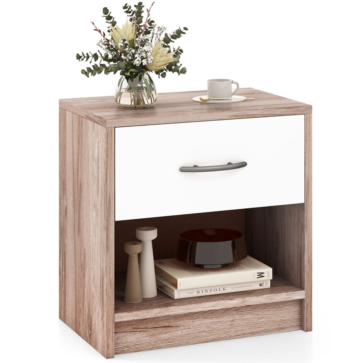 Bedside Table Nightstand with Drawer and Open Storage Shelf-Oak view 4