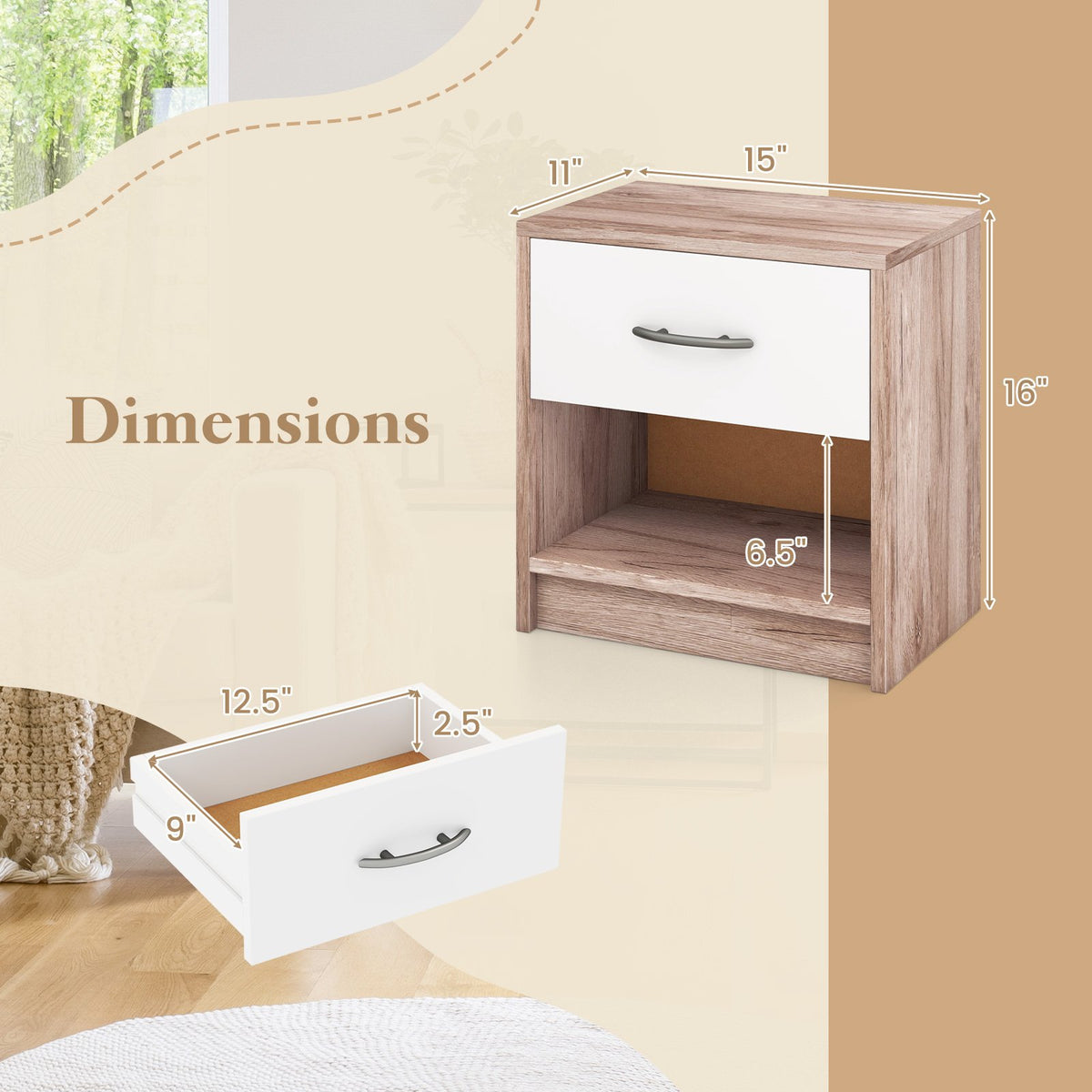 Bedside Table Nightstand with Drawer and Open Storage Shelf-Oak view 5