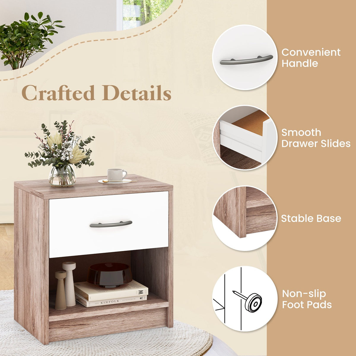 Bedside Table Nightstand with Drawer and Open Storage Shelf-Oak view 6