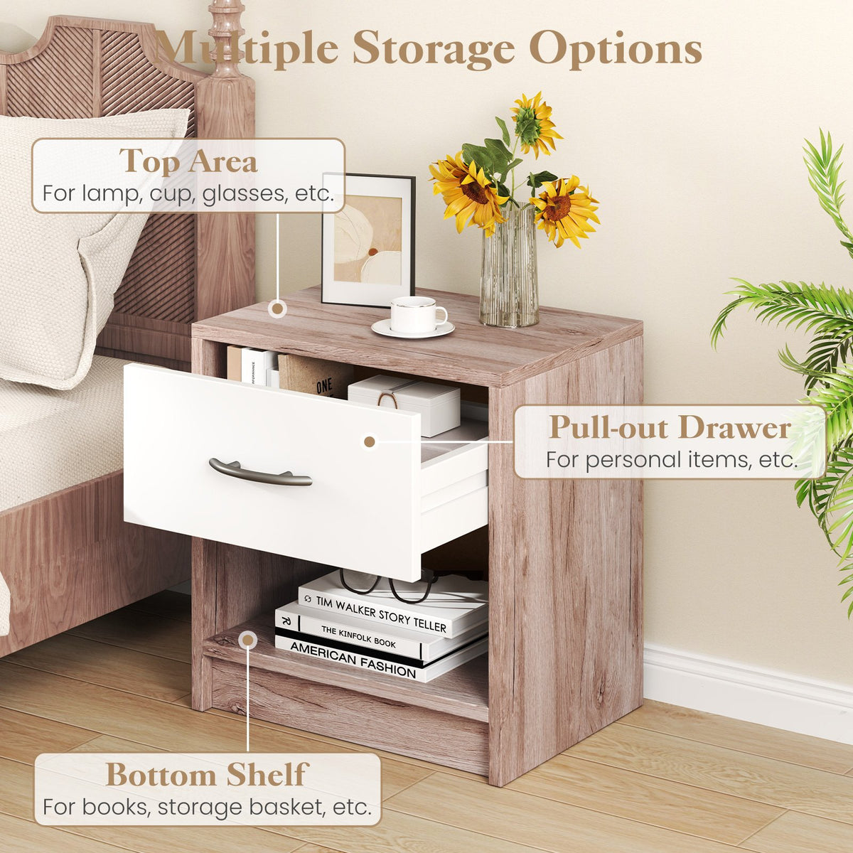 Bedside Table Nightstand with Drawer and Open Storage Shelf-Oak view 8