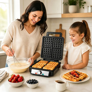 Belgian Waffle Maker 4-Slice 1200W with Browning Knob and Nonstick Plates-Black & Silver view 2