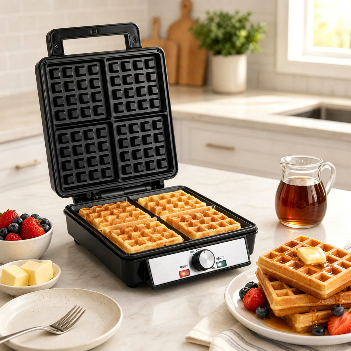 Belgian Waffle Maker 4-Slice 1200W with Browning Knob and Nonstick Plates-Black & Silver view 3