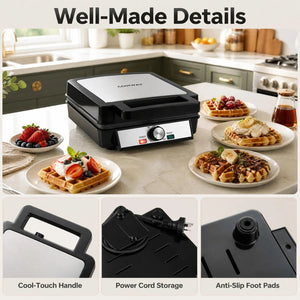 Belgian Waffle Maker 4-Slice 1200W with Browning Knob and Nonstick Plates-Black & Silver view 6
