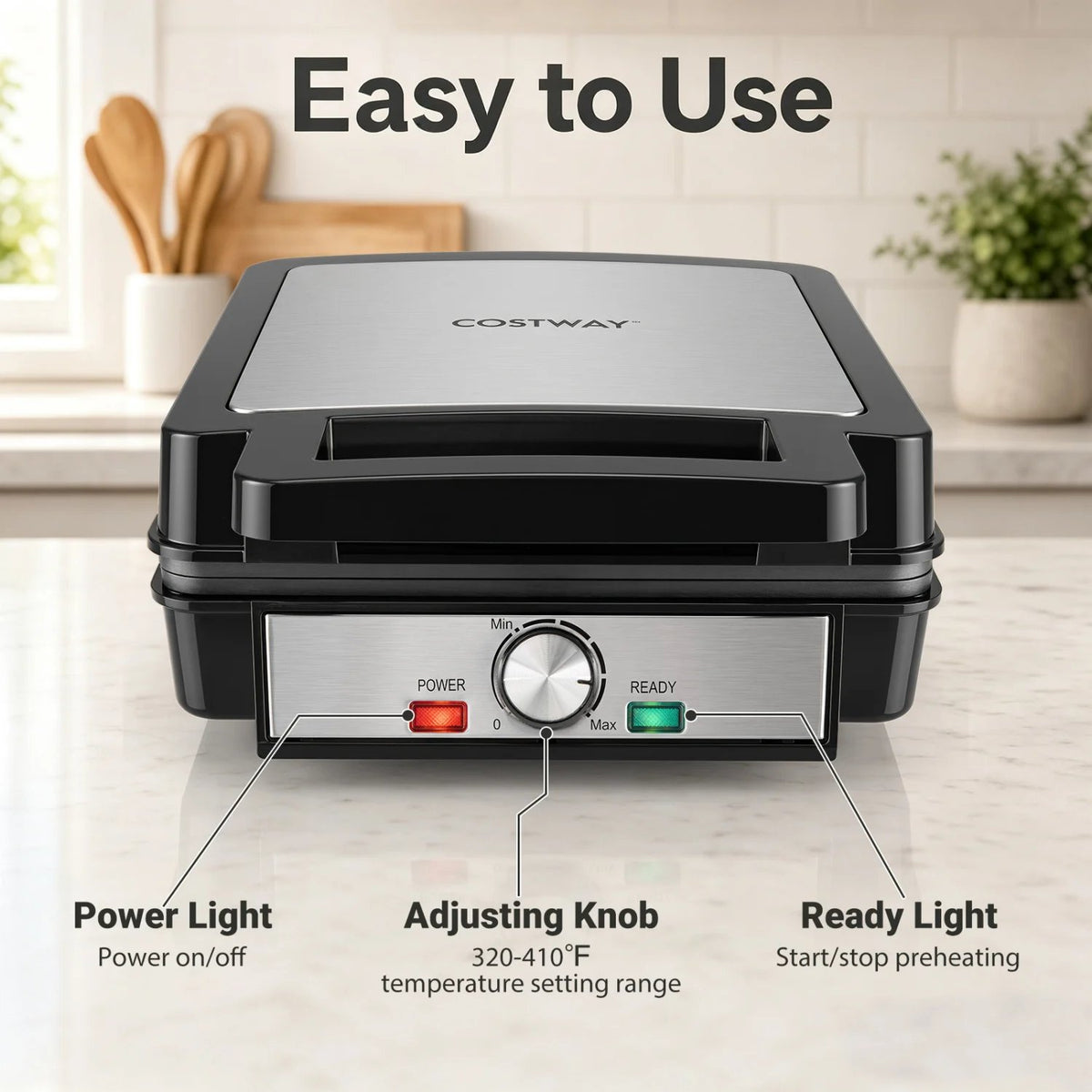 Belgian Waffle Maker 4-Slice 1200W with Browning Knob and Nonstick Plates-Black & Silver view 7