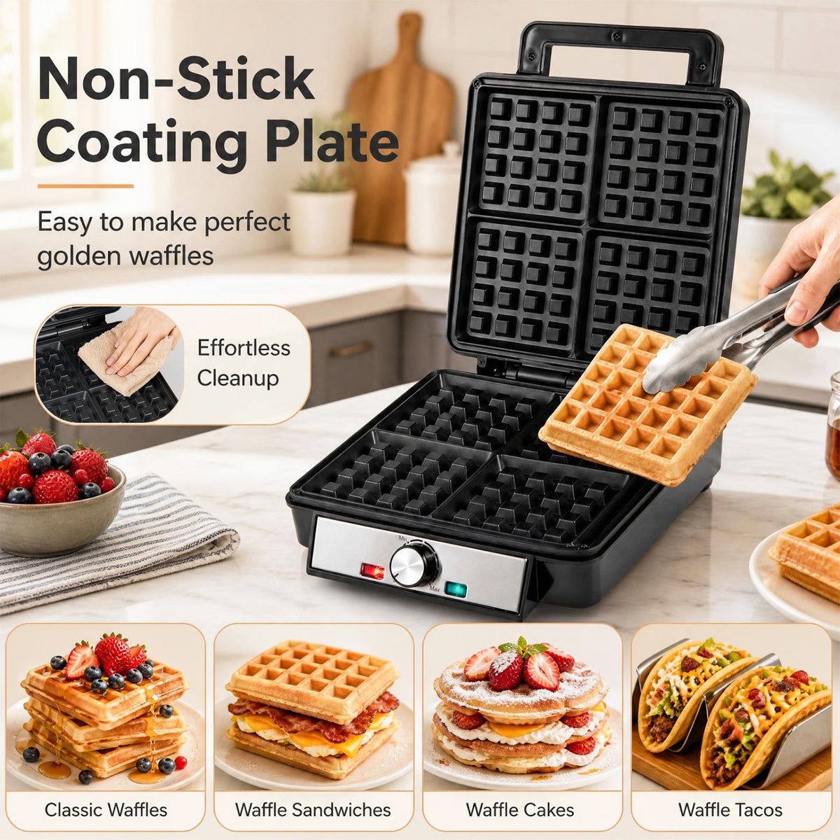 Belgian Waffle Maker 4-Slice 1200W with Browning Knob and Nonstick Plates-Black & Silver view 9