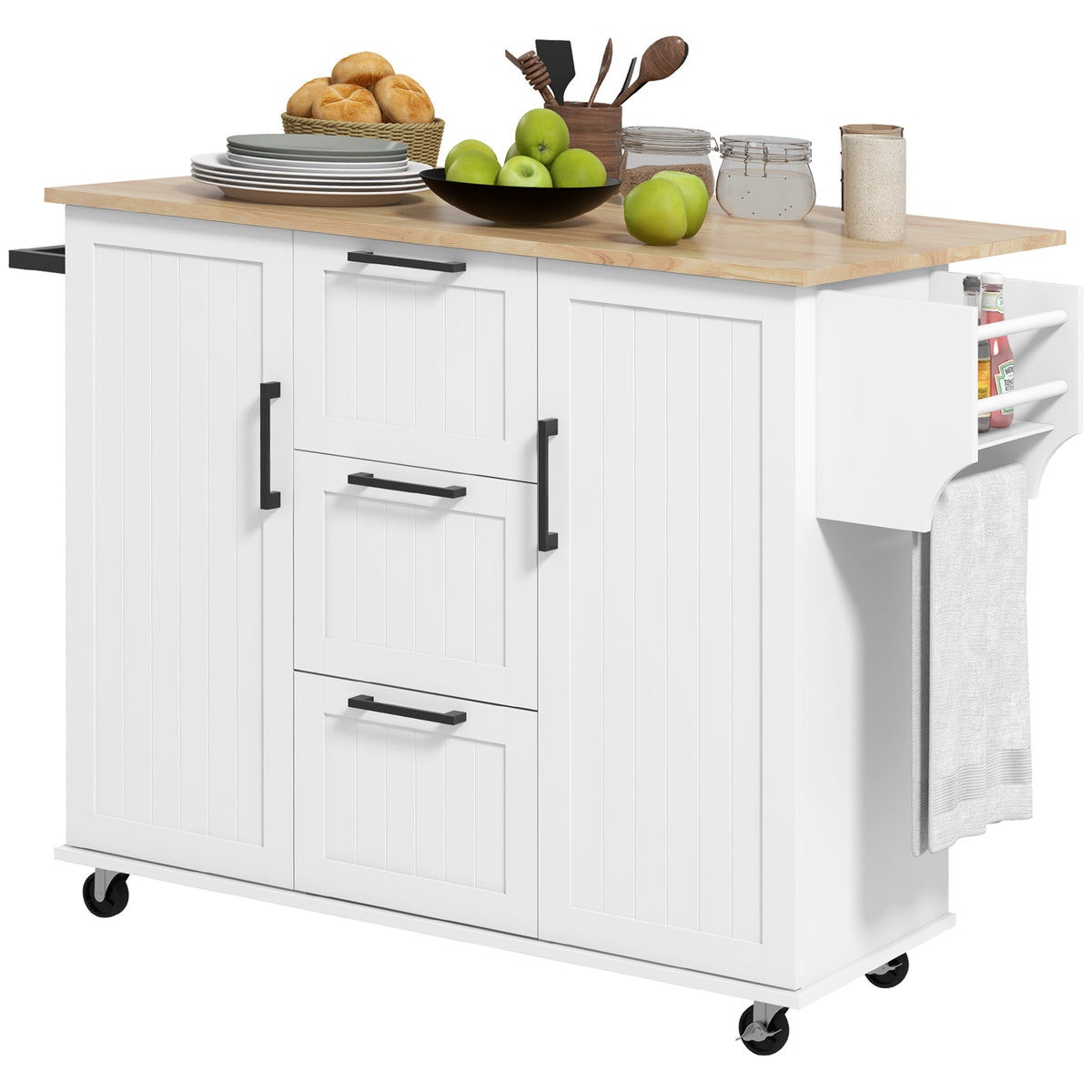 Rolling Kitchen Cart on Wheels with Drop Leaf, Kitchen Island with 3 Drawers