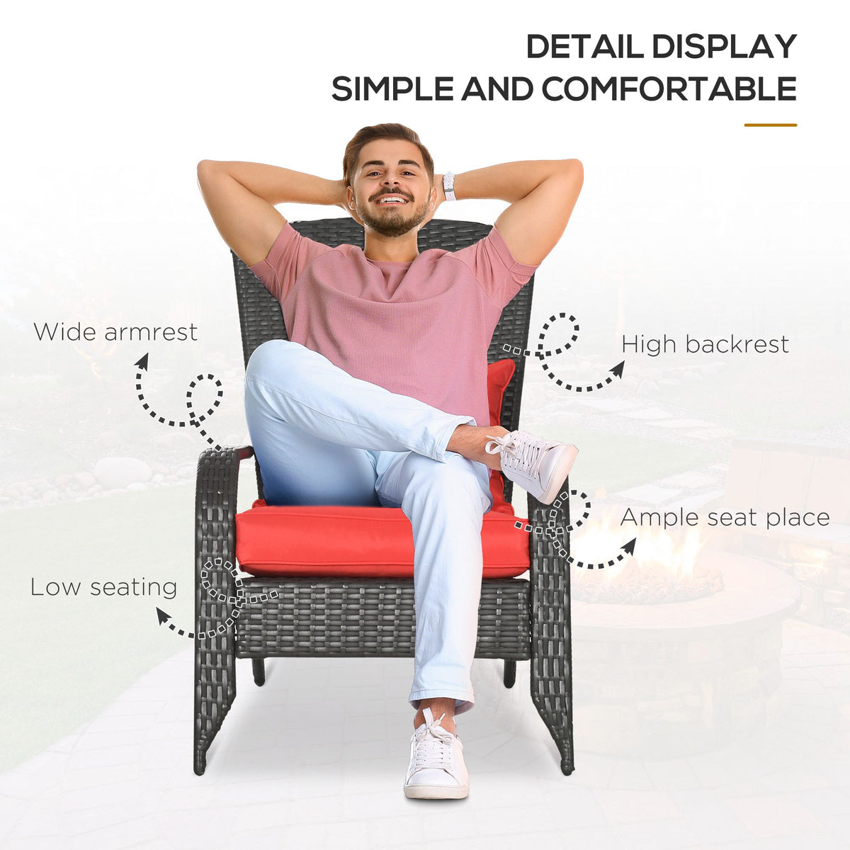 Patio Wicker Adirondack Chair, Outdoor Rattan Muskoka Chair with Cushions for Patio, Garden, Backyard, Cream