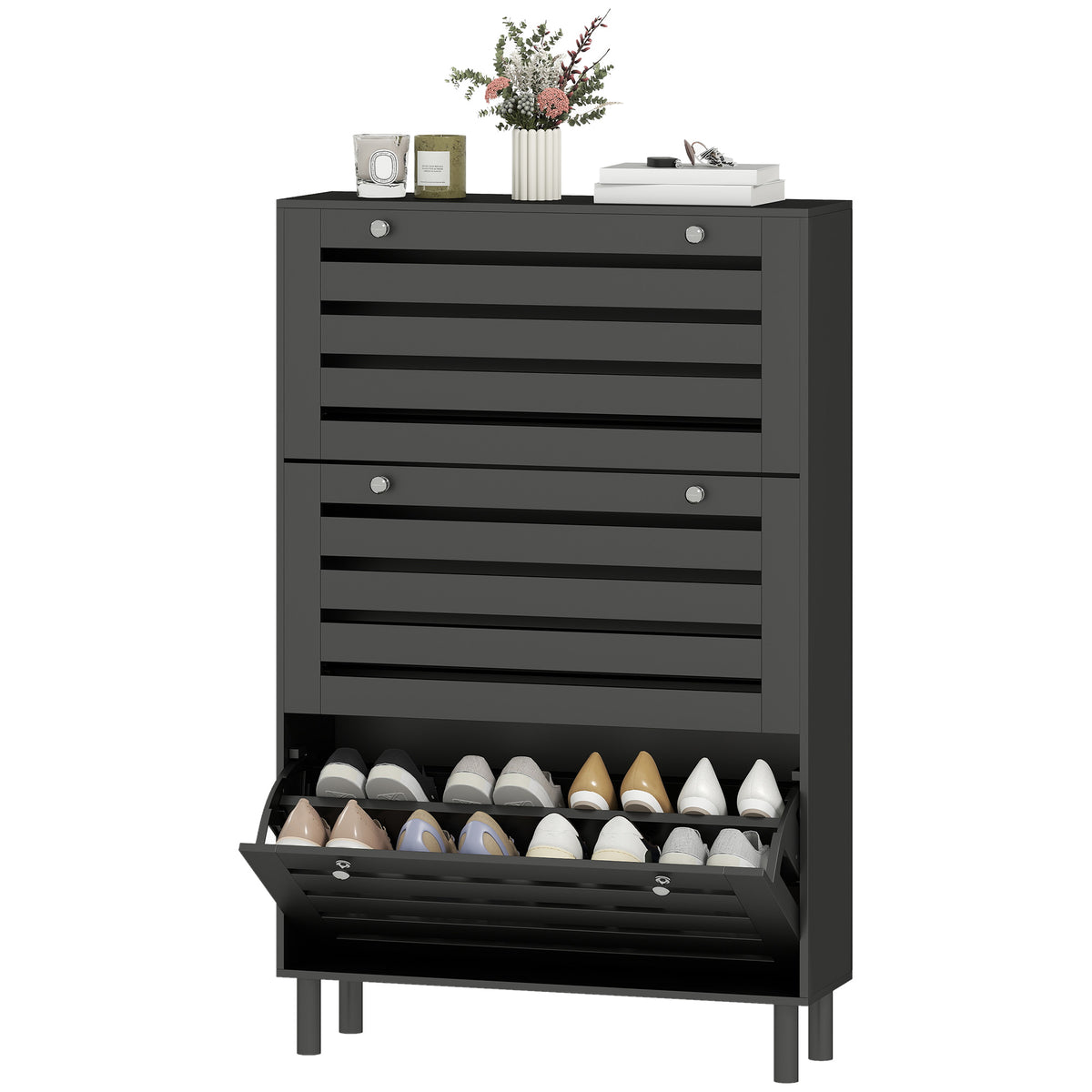 Narrow Shoe Storage Cabinet, 3 Flip Drawers, Adjustable Shelves, 18-24 Pairs Capacity, Black