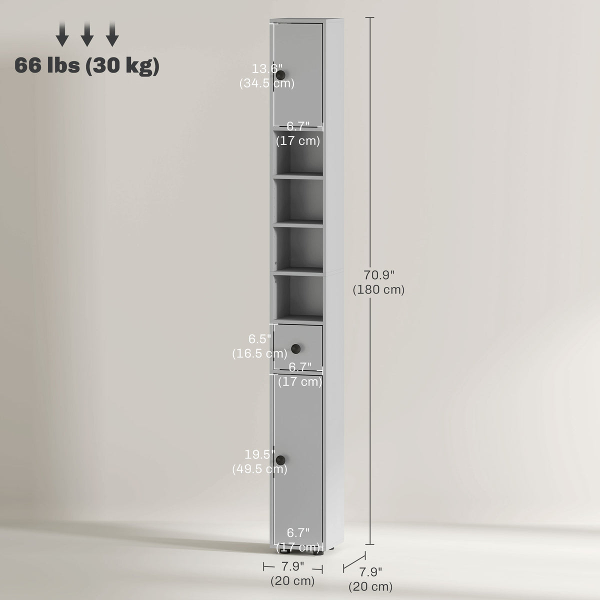 71" Tall Bathroom Cabinet, Narrow Toilet Paper Cabinet with Open Shelves, 2 Door Cabinets, Adjustable Shelves, Black