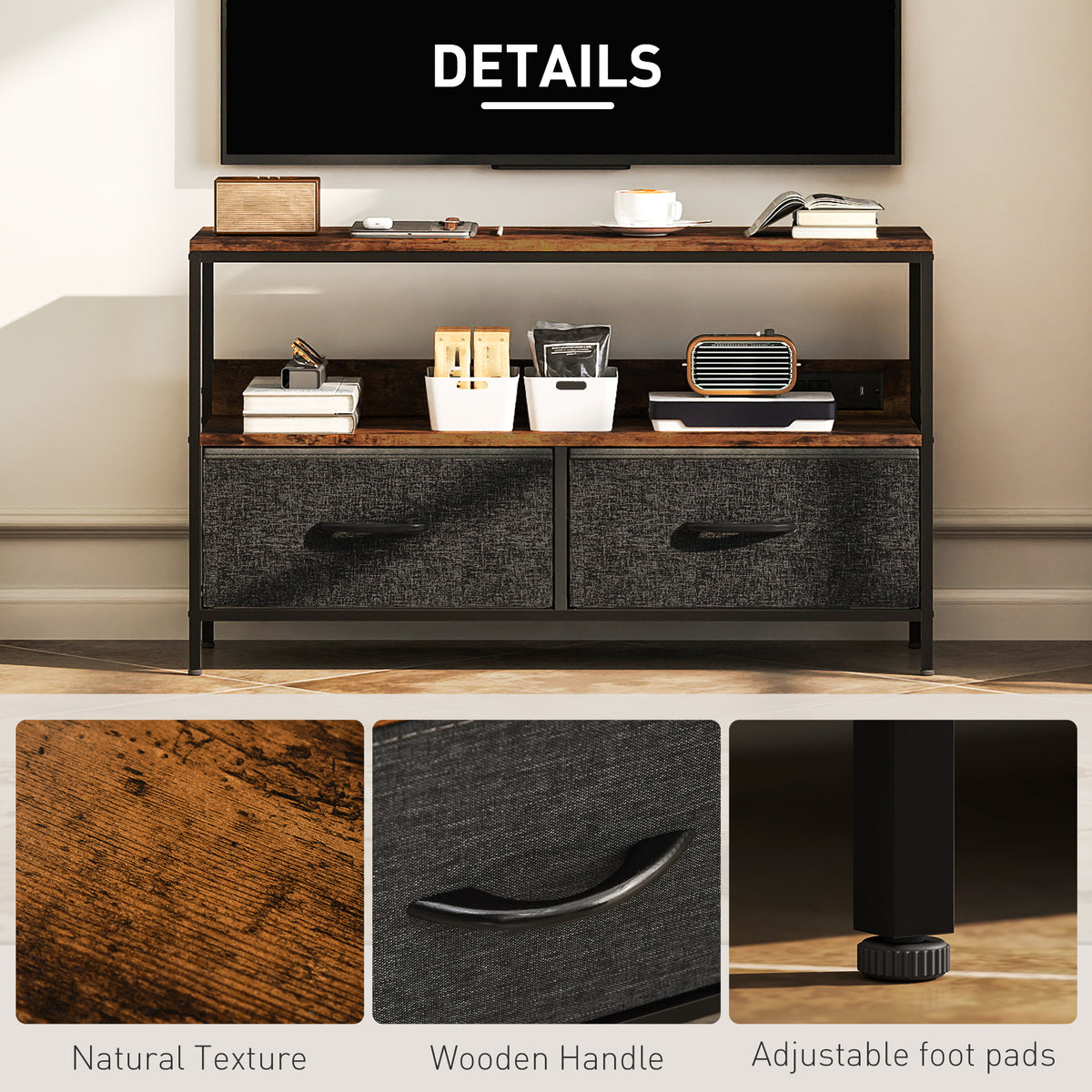 TV Stand with Charging Station, TV Table with 2 Foldable Linen Drawers and Open Shelf for 47 Inch – view 41