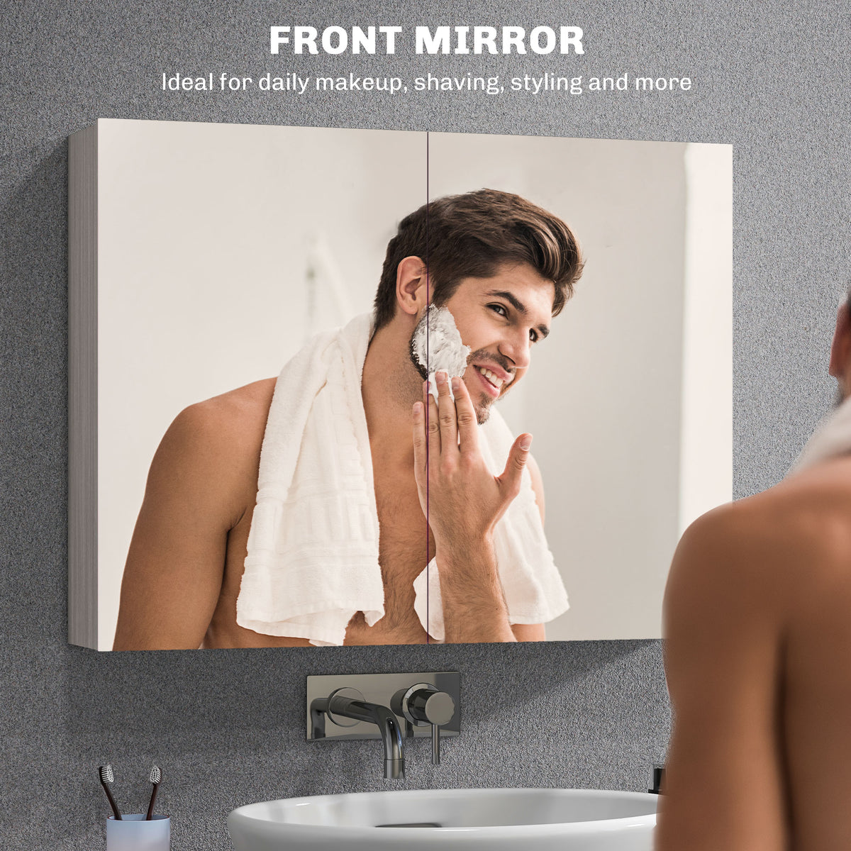 Bathroom Mirror Cabinet, Wall-Mounted Storage Organizer with Double Doors, Adjustable Shelf, White – view 12