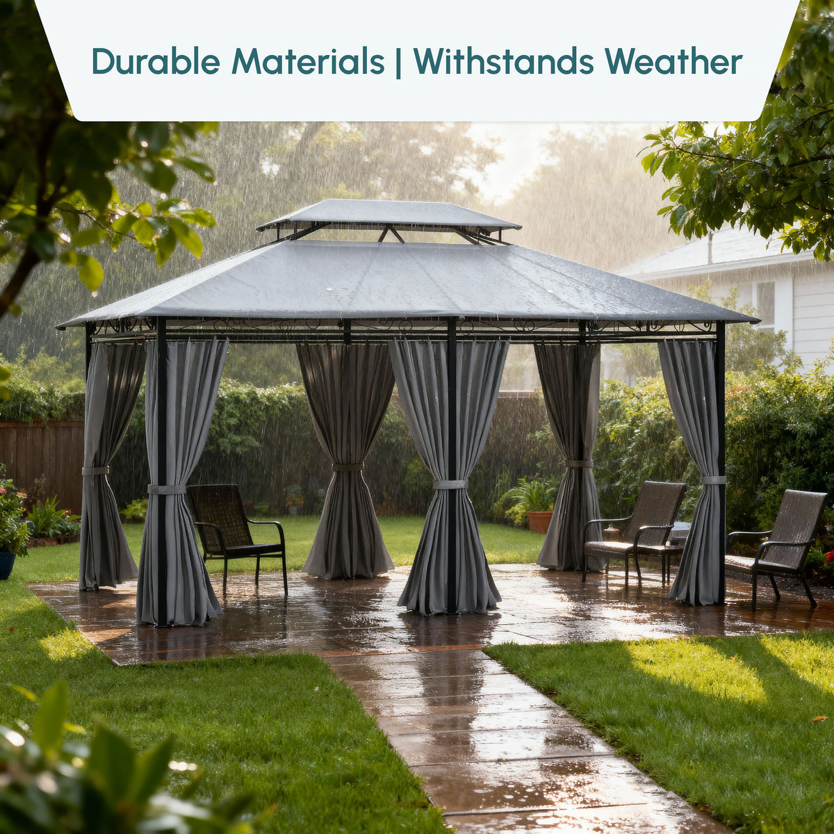 10' x 13' Patio Gazebo, Outdoor 2-Tiers Garden Canopy Yard Sunshade Shelter with Curtains, Khaki – view 13