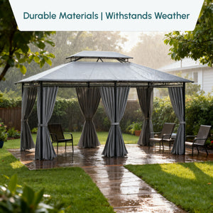 10' x 13' Patio Gazebo, Outdoor 2-Tiers Garden Canopy Yard Sunshade Shelter with Curtains, Khaki – view 13