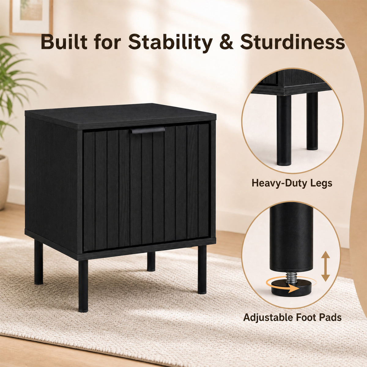 Black Modern Nightstand with Vertical-Striped Storage Drawer-Black view 6