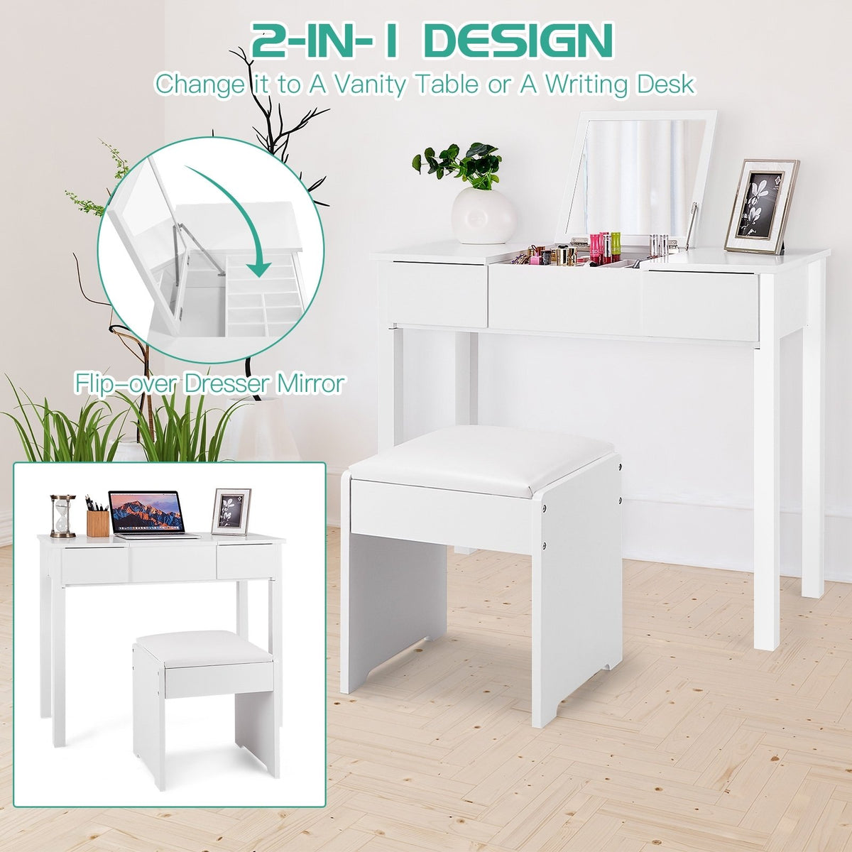 Vanity Makeup Dressing Table Set with Flip Top Mirror and Cushioned Stool-White view 3