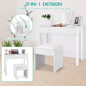 Vanity Makeup Dressing Table Set with Flip Top Mirror and Cushioned Stool-White view 3