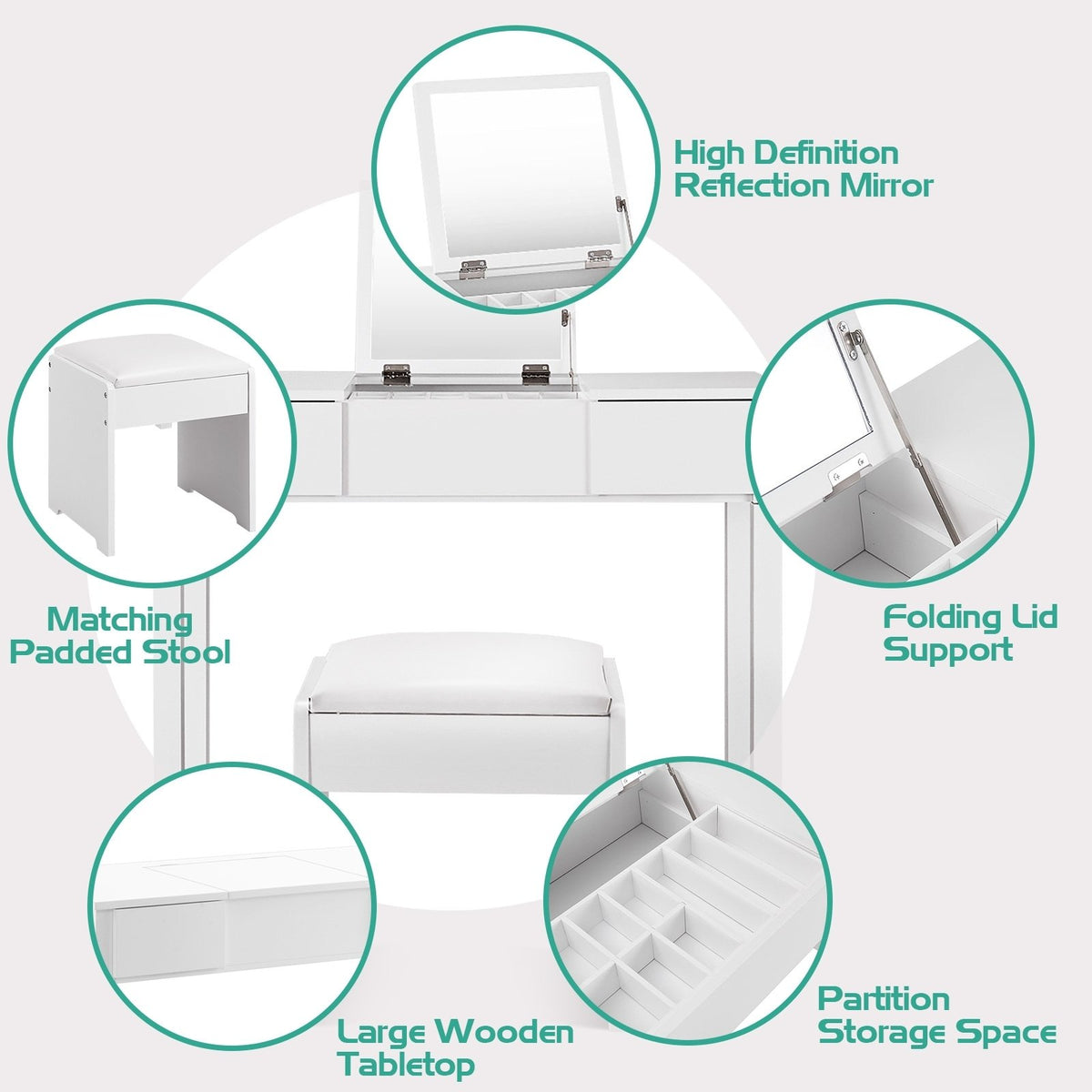 Vanity Makeup Dressing Table Set with Flip Top Mirror and Cushioned Stool-White view 5
