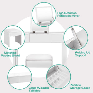 Vanity Makeup Dressing Table Set with Flip Top Mirror and Cushioned Stool-White view 5